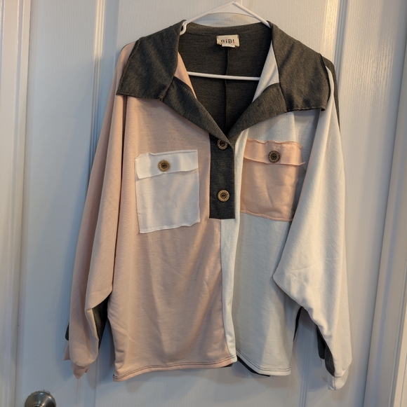 NWOT BiBi Color Block Quarter Neck Short Dolan Sleeve Top Sz L - Picture 4 of 6